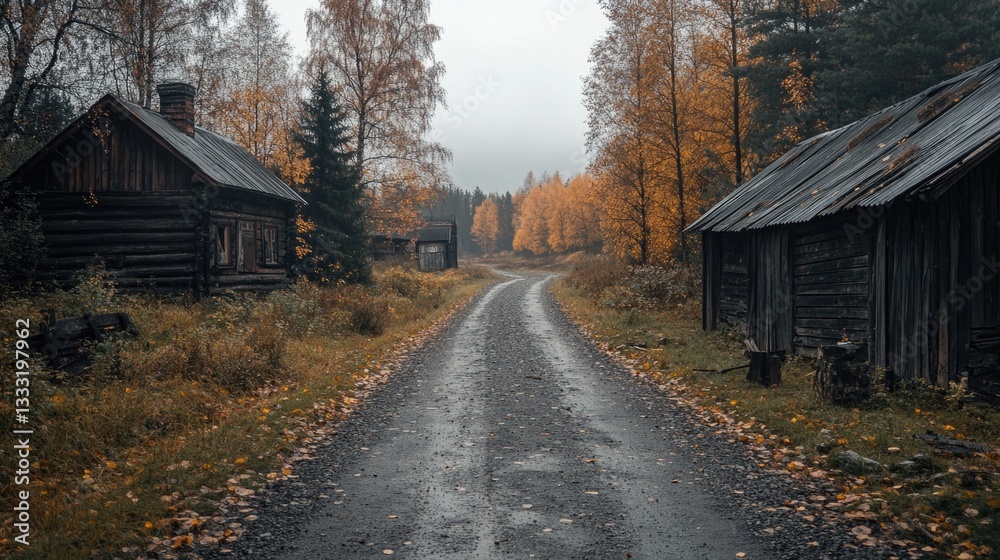 A gravel road travels through a rural autumn landscape environment A gravel road travels through a rural autumn landscape environment