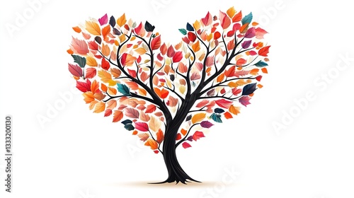 Heart-Shaped Tree with Intertwining Branches and Colorful Leaves, Symbolizing Diverse Family Structures and Growth Together in Harmony, Isolated on White Background