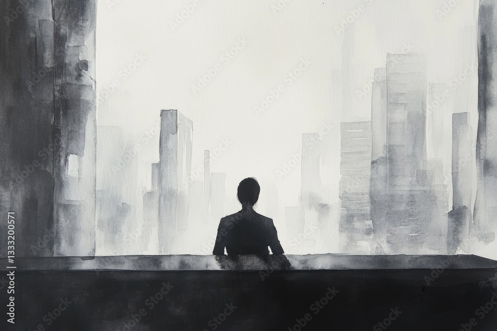 A solitary figure gazes at a hazy cityscape, contemplating urban life's vastness. A solitary figure gazes at a hazy cityscape, contemplating urban life's vastness.