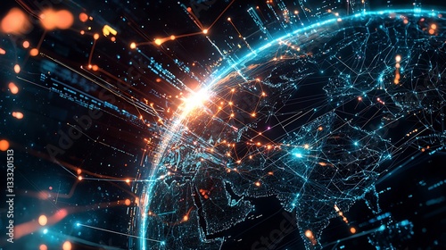 3d futuristic Earth glowing global business connections digital information streams and multimedia communication lines linking continents in cyberspace
