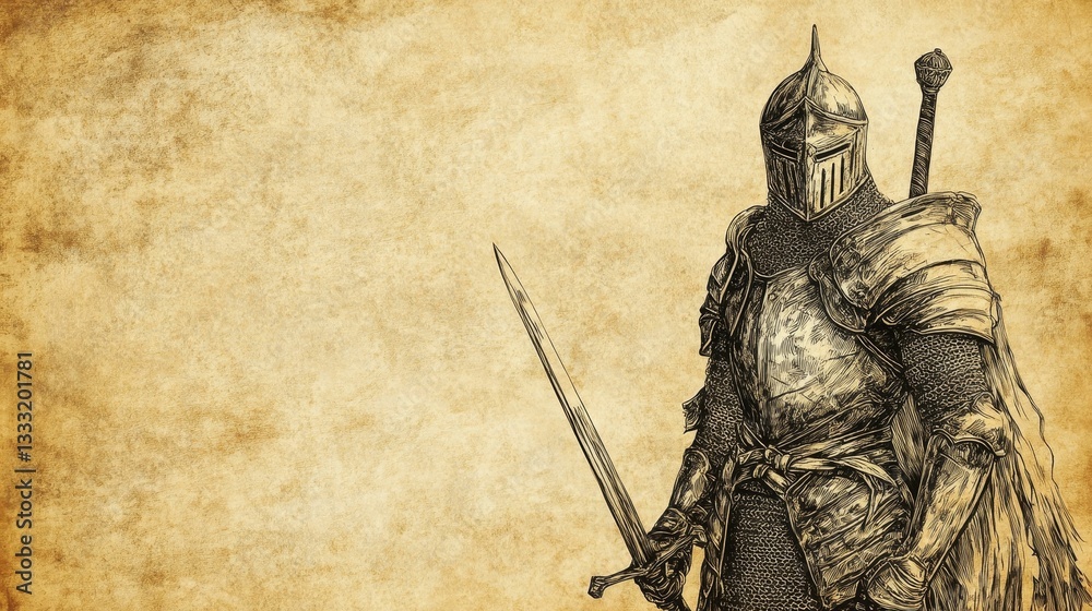 Fototapeta premium Armored knight stands ready sword in hand.