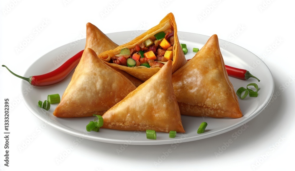 Crispy Golden Samosas Filled with Colorful Vegetables and Served with Fresh Green Onions and a Red Chili Pepper on a White Plate Crispy Golden Samosas Filled with Colorful Vegetables and Served with Fresh Green Onions and a Red Chili Pepper on a White Plate