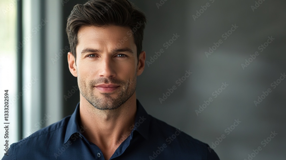 Modern businessman exudes confidence and professionalism in a deep blue shirt. Modern businessman exudes confidence and professionalism in a deep blue shirt.
