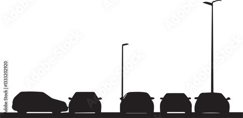 Silhouette of a row of parked cars in a parking lot vector silhouette