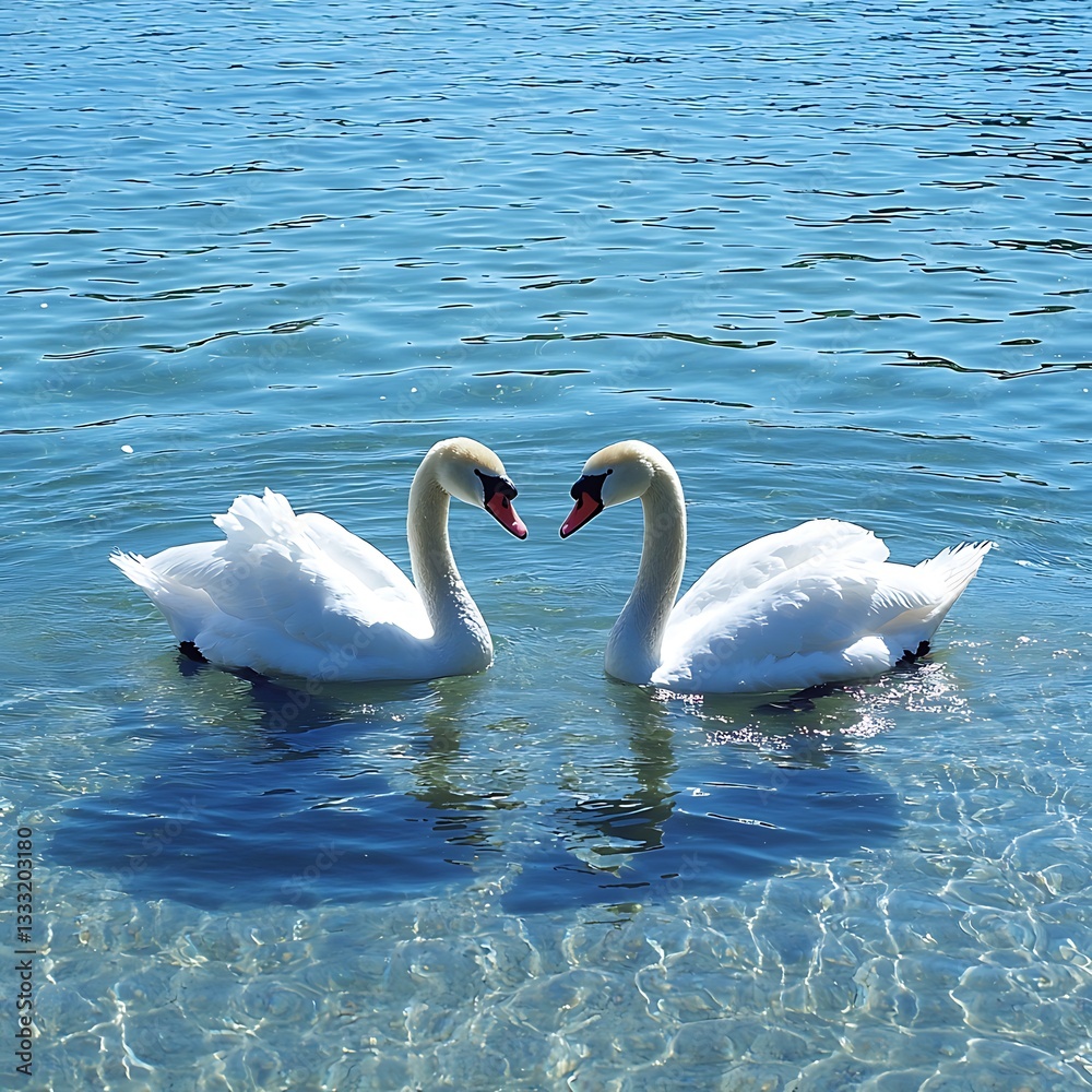 Obraz premium Swans Mating in Sunlit, Crystal Water, Blue Backdrop