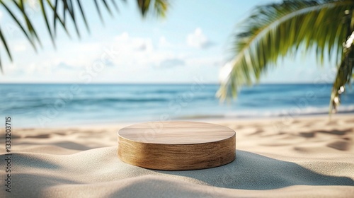 Wallpaper Mural Wooden Display Product on Sandy Beach with Ocean and Palm Trees Torontodigital.ca