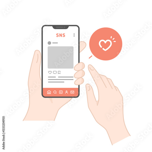 手に持ったスマホでSNSのいいねを押すイラスト (線画･カラー)