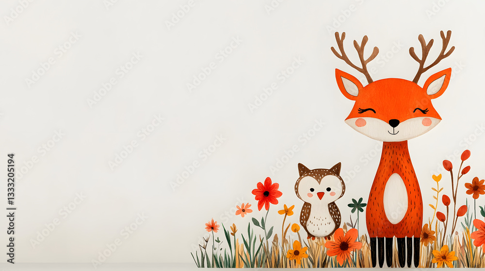 Fototapeta premium Cheerful woodland creatures in a whimsical floral landscape