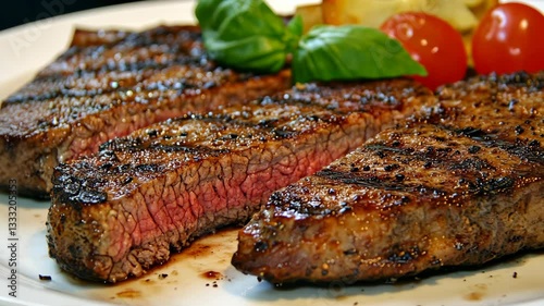 Juicy grilled steak served with herbs and tomatoes on a white plate