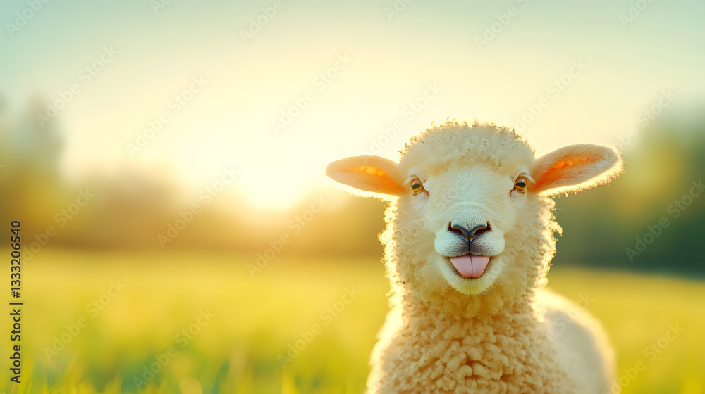 Obraz premium Close-Up of a Playful Sheep Smiling in a Pastoral Setting