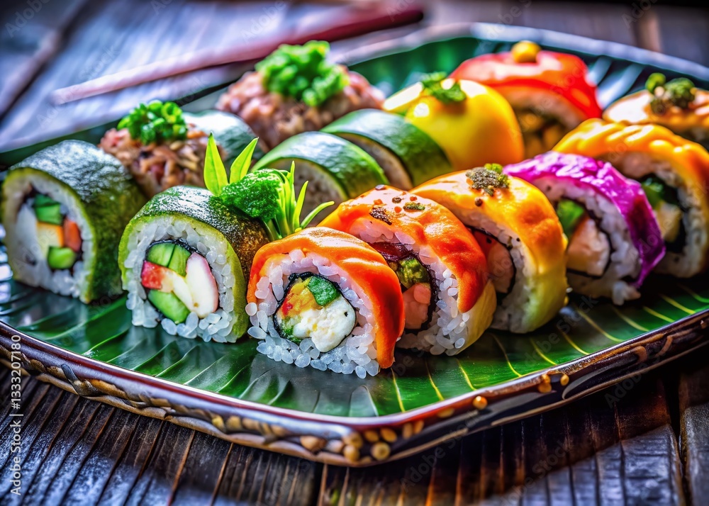 Vibrant Sushi Platter: Colorful Rolls & Artistic Arrangement Vibrant Sushi Platter: Colorful Rolls & Artistic Arrangement