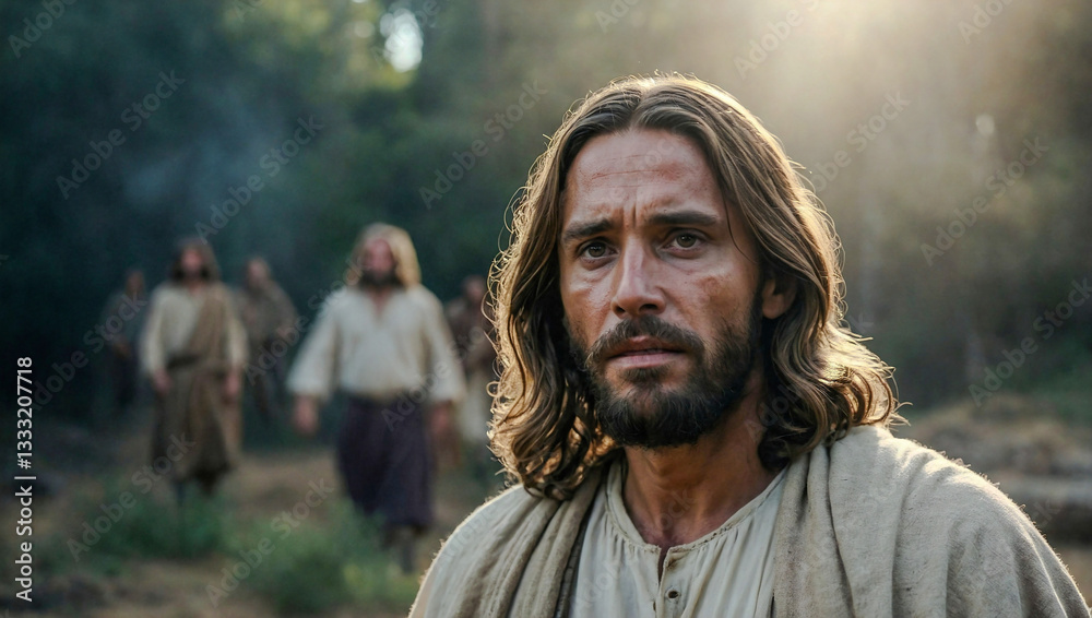 Man resembling Jesus in a simple setting, face blurred