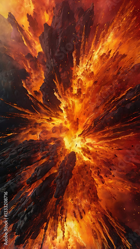 <Orange Fire Explosion in Volcanic Lava Space: Abstract Energy and Volcanic Dynamics with Glowing Chaos Illustration>
