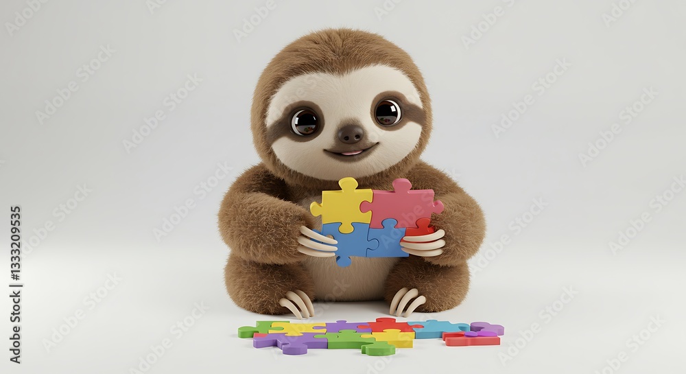 Fototapeta premium Cute 3D sloth character playing puzzle game 