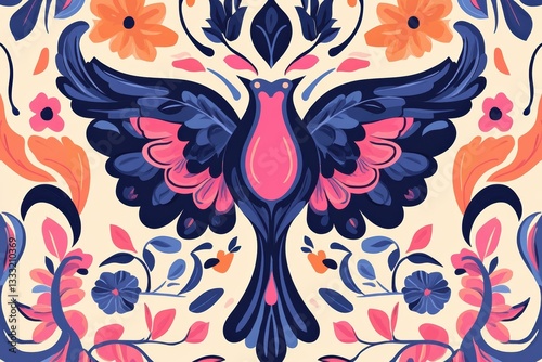Vibrant floral bird design in bold colors.