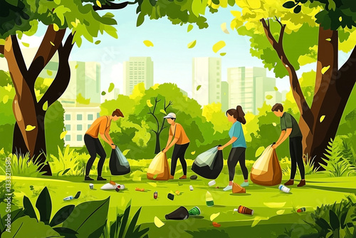Volunteers gather litter in lush green park community cleanup effort for environment
