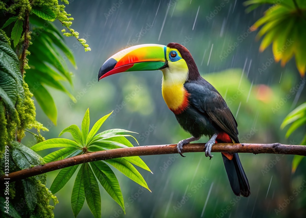 Naklejka premium Vibrant Toucan in Rainforest Rain - Long Exposure Stock Photo