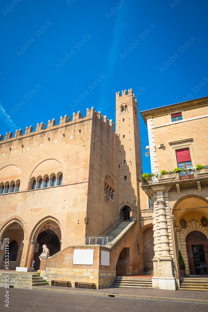 Beautiful ancient Cavour Square and Palazzo dell'Arengo in Rimini, Italy in summertime