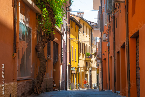 Obraz na płótnie Beautiful narrow street with colorful houses in Rimini, Italy w salonie
