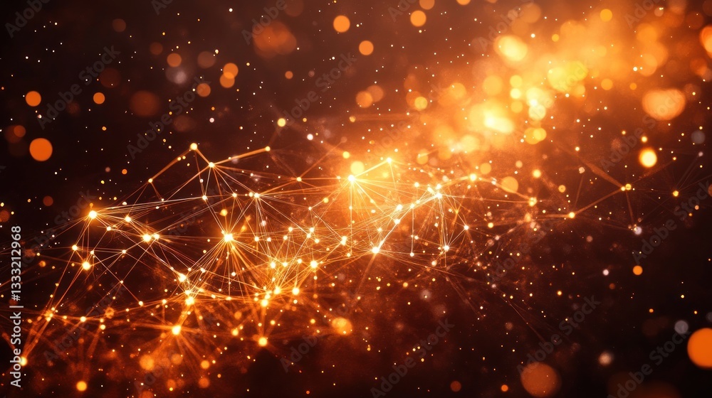 Naklejka premium Abstract network graphic, glowing orange particles, dark background. Possible use Technology, science, digital