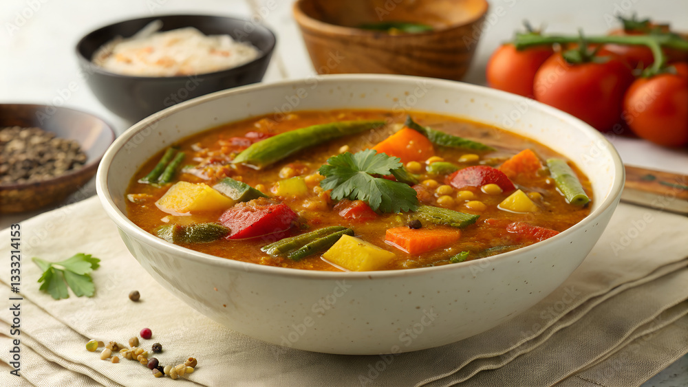 Sambar — traditional South Indian lentil soup. It is served as an independent dish or as a complex sauce for boiled rice. Sambar — traditional South Indian lentil soup. It is served as an independent dish or as a complex sauce for boiled rice.