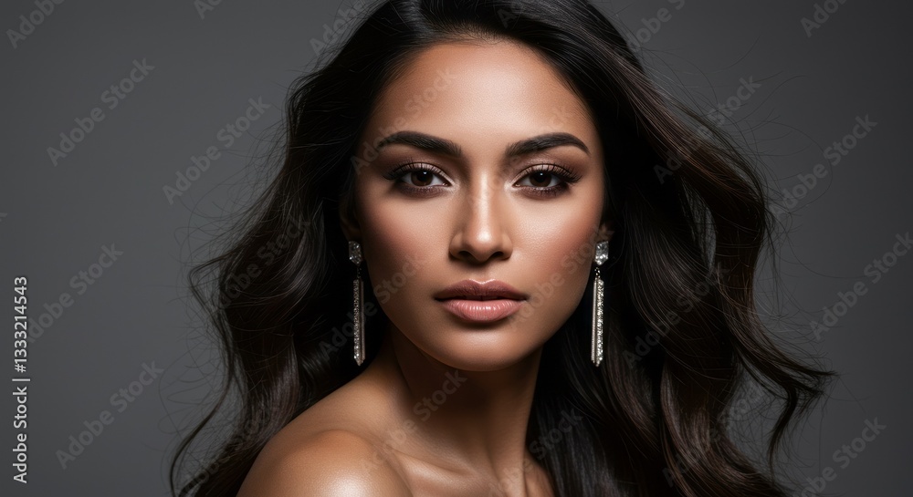 A beautiful indian woman with long hair and glamorous makeup posing in a studio closeup A beautiful indian woman with long hair and glamorous makeup posing in a studio closeup