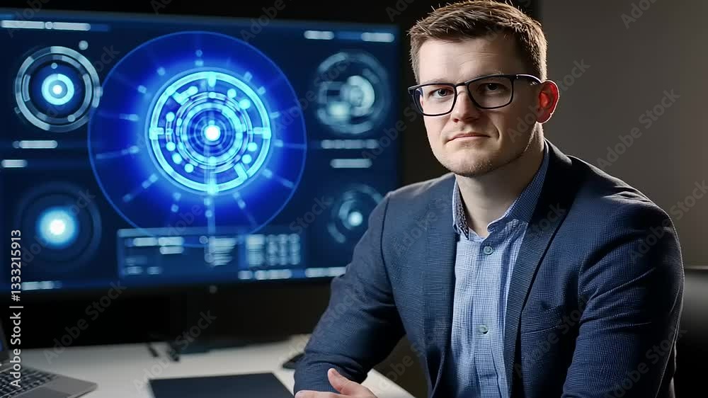 Professional man in a suit sitting in front of a futuristic digital interface displaying data visualizations Professional man in a suit sitting in front of a futuristic digital interface displaying data visualizations