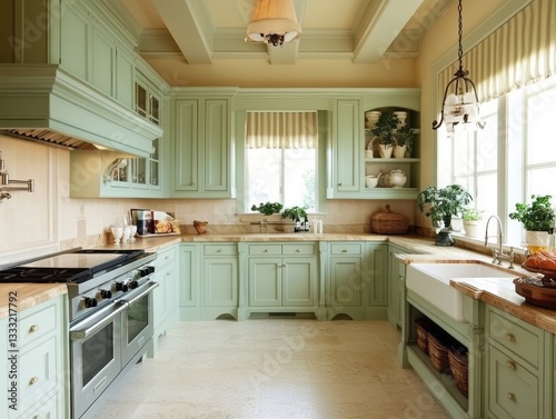 A spacious and elegant kitchen with light green cabinetry