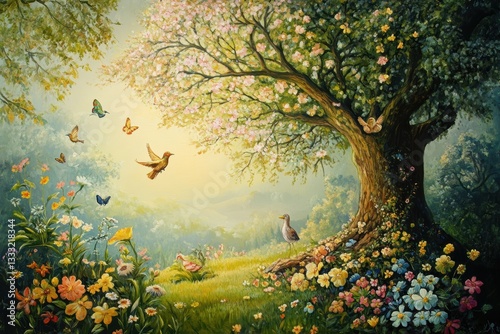 Birds and butterflies flit around a blossoming tree in a vibrant, colorful painting.