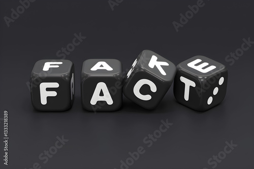 Fake vs Fact Dice Concept – Black Cubes with Contrasting Words Representing Misinformation, Truth, Fake News, Media Literacy, Social Influence, Journalism Ethics, and Critical Thinking