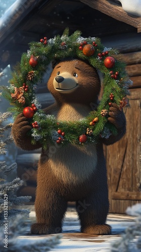 Art Cartoon Bear Overview Decorating Cabin Cozy Wreath