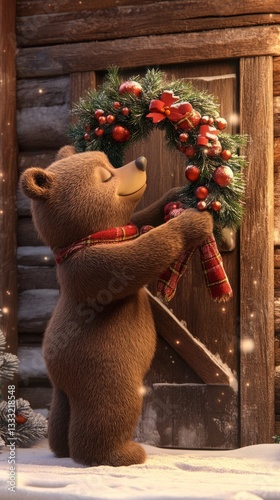 Art Cartoon Bear Scene Cozy Yule Decorating 9:16 Wreath