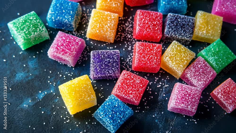 Colorful gummy candies scattered on a dark surface inviting a sweet treat experience