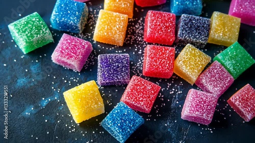 Colorful gummy candies scattered on a dark surface inviting a sweet treat experience