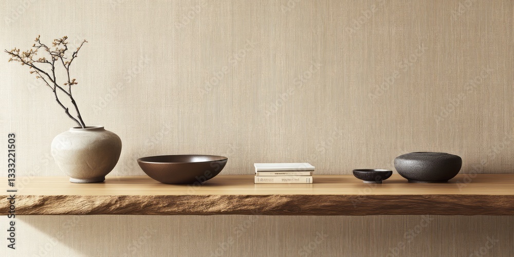 Minimalist display of objects arranged on a wooden shelf Minimalist display of objects arranged on a wooden shelf