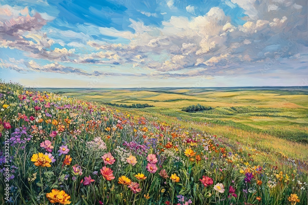 Fototapeta premium Vibrant Wildflower Meadow Summer Landscape Painting Colorful Blooming Flowers Sunny Sky Rolling Hills Scenic Vista Nature Art Beautiful Pastoral Scene