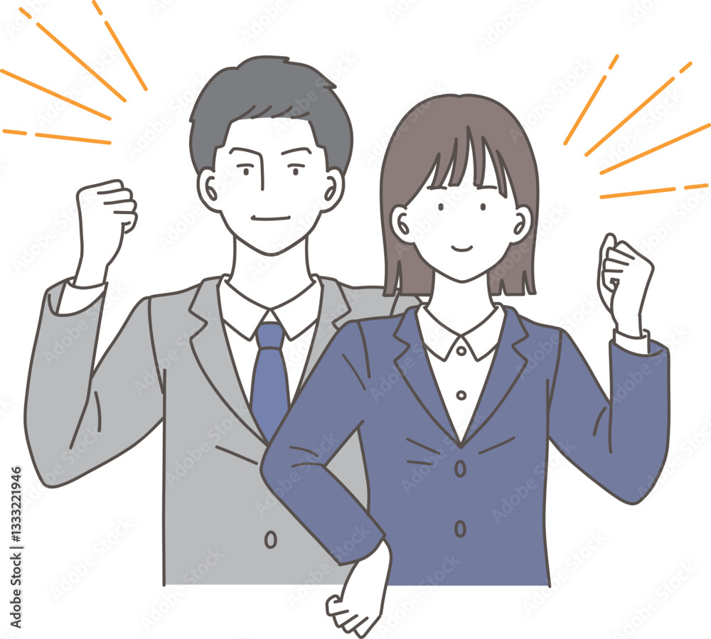 ガッツポーズをするスーツ姿の若い男女のイラスト素材