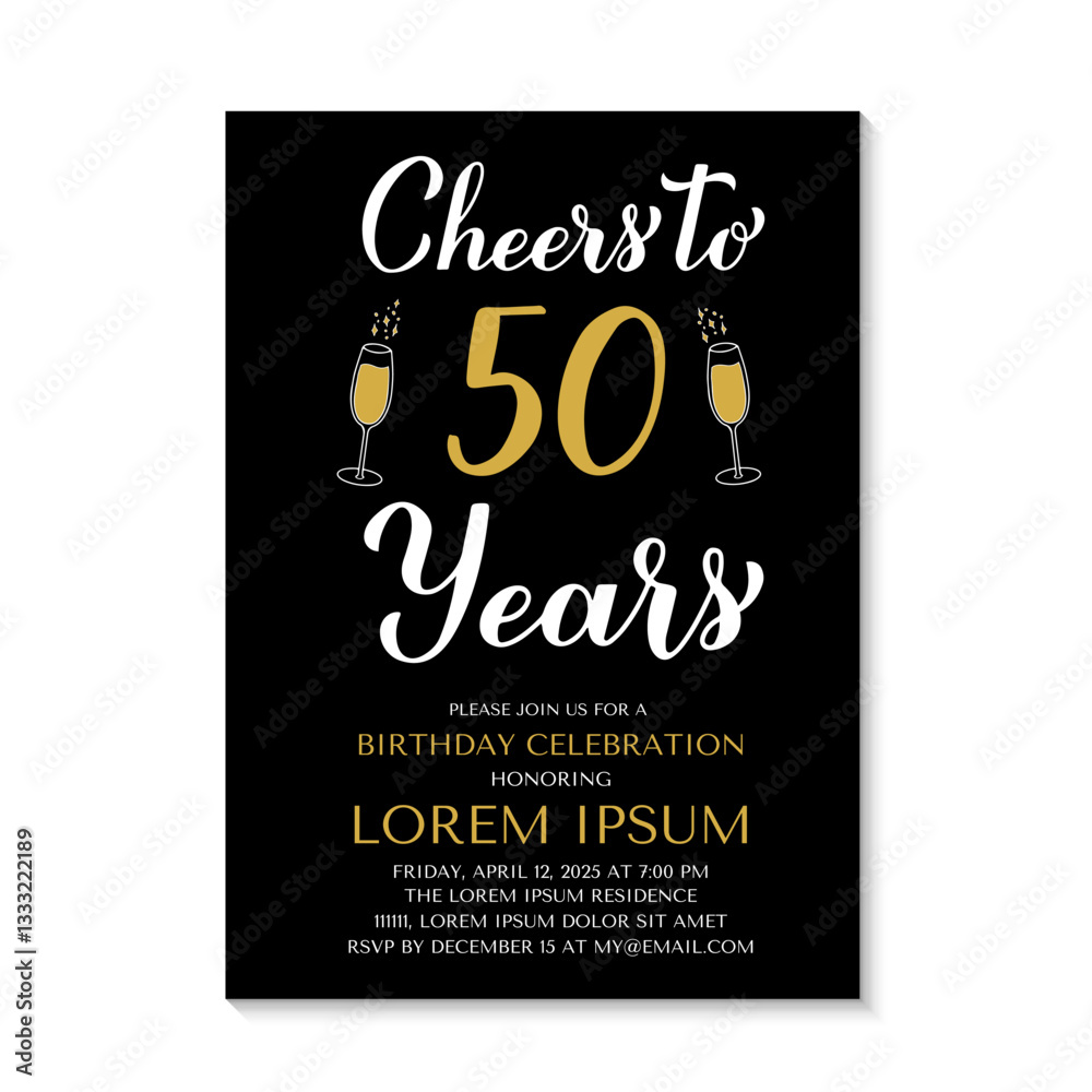 50th Birthday or Anniversary invitation card. Cheers to 50 years. Birthday Party invite. Vector template.