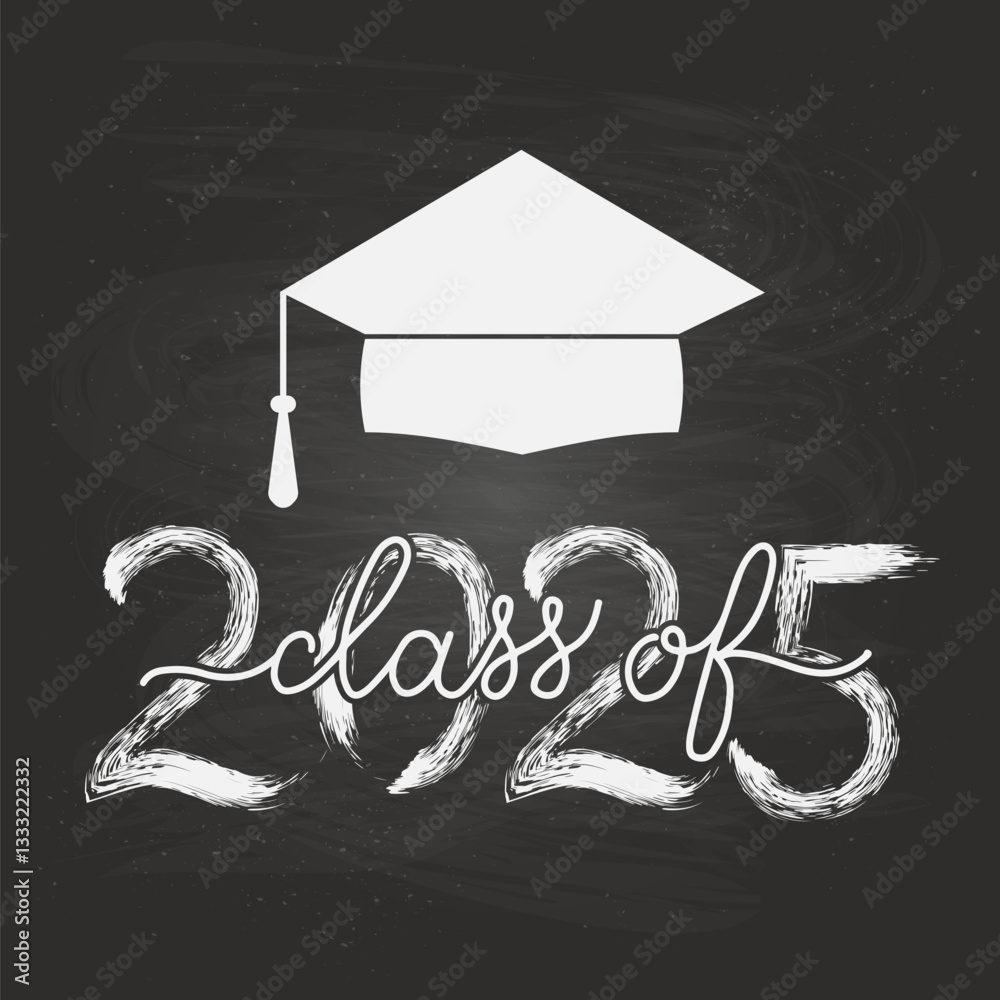 Class of 2025 lettering with graduation cap on chalkboard background. Congratulations to graduates typography poster. Vector template for greeting card, banner, label, etc.