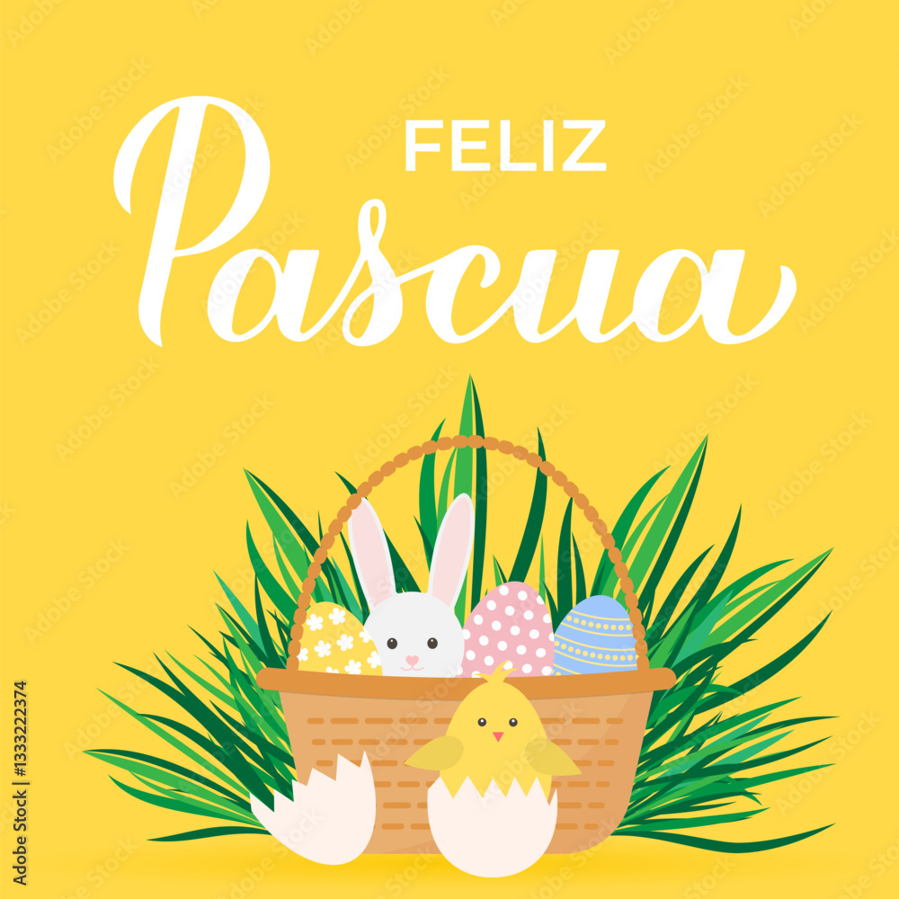 Happy Easter calligraphy lettering in Spanish language. Basket of eggs, bunny and cute cartoon chicken. Easter celebration greeting card. Vector illustration.
