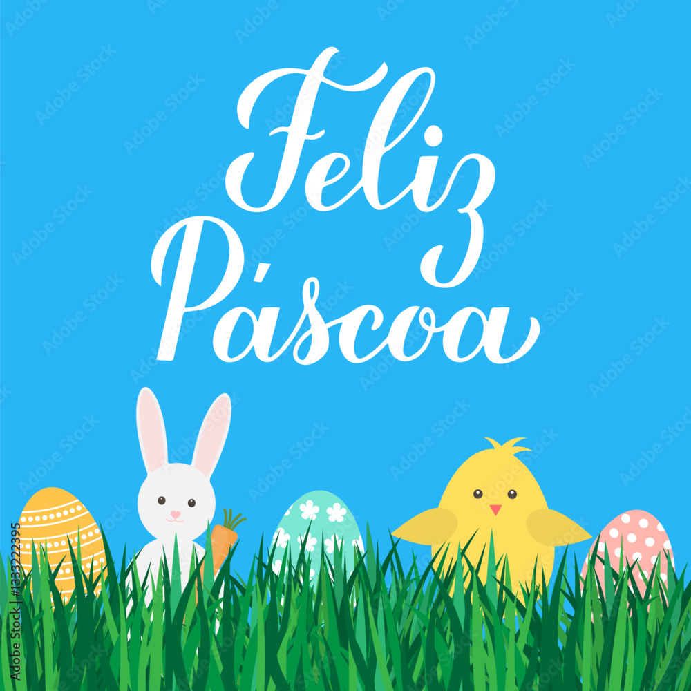 Happy Easter calligraphy lettering in Portuguese language. Eggs, bunny and cute cartoon chicken on grass. Easter celebration greeting card. Vector illustration.