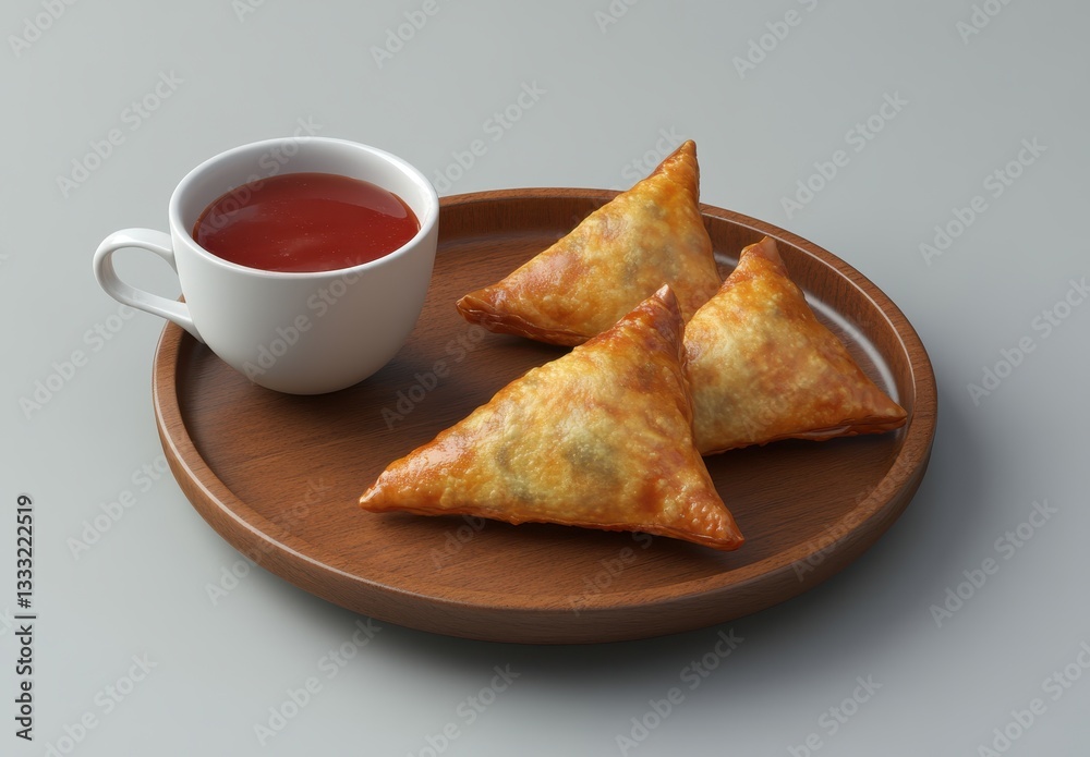 Crispy Golden Triangle Snacks Served on Wooden Plate with Dip in White Cup Against Light Gray Background Crispy Golden Triangle Snacks Served on Wooden Plate with Dip in White Cup Against Light Gray Background