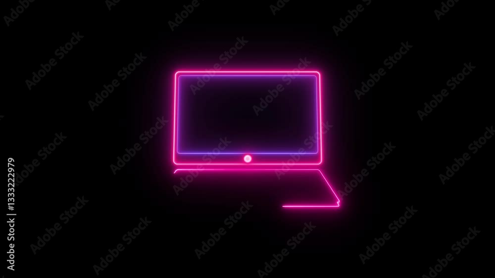 Neon laptop line icon. Glowing neon line Computer network icon glowing logotype animation.