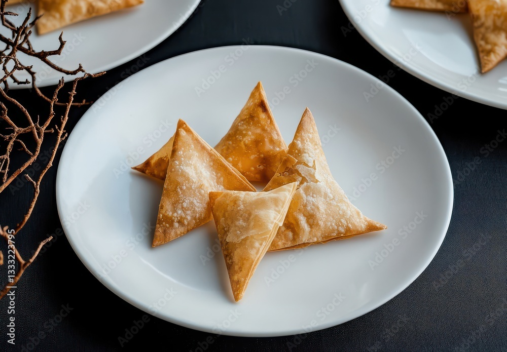 Crispy Golden-Brown Triangular Pastries on White Plate Surrounded by Rustic Decor, Perfect for Food Photography and Culinary Art Crispy Golden-Brown Triangular Pastries on White Plate Surrounded by Rustic Decor, Perfect for Food Photography and Culinary Art