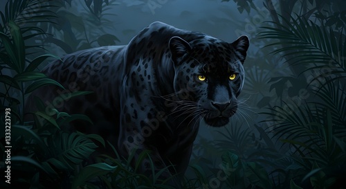 Misteriosa pantera negra con ojos brillantes en la jungla