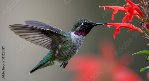 Primer plano de un colibrí alimentándose de una flor roja