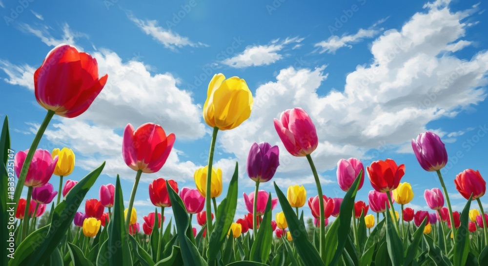 Vibrant Tulip Field Under a Sunny Sky Vibrant Tulip Field Under a Sunny Sky