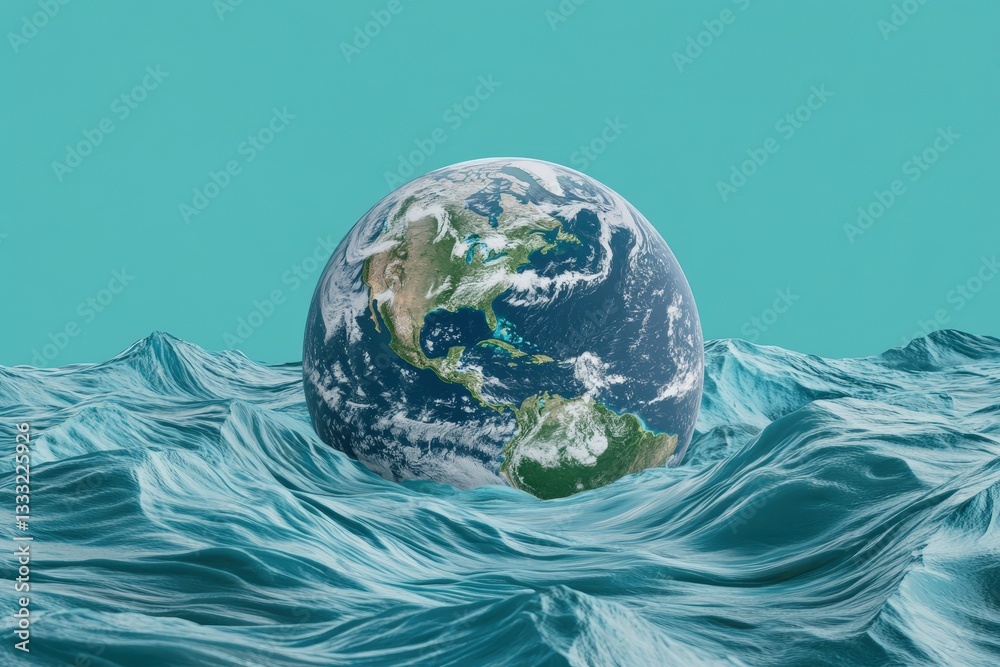 Fototapeta premium A digital rendering of the Earth submerged within ocean waves