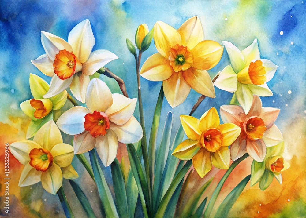 Vibrant Watercolor Easter Daffodils: Joyful Spring Desktop Wallpaper