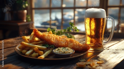Fish and chips with beer at a harborside pub photo